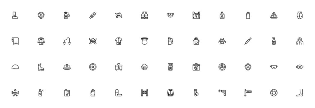 Protective equipment icon pack. Minimal line icons. Includes Cover, Shield, Oxygen, Seat belt, Soap, Medical mask, Hand sanitizer, Gloves, Face mask and more. Editable vector stroke.