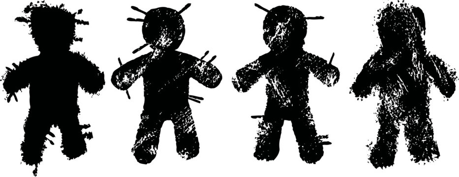 Four spooky voodoo dolls with pins stuck in them in black silhouette on white background