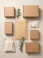 Fototapeta premium Eco Friendly Product Packaging Mockup with Cardboard Boxes and Paper Envelope