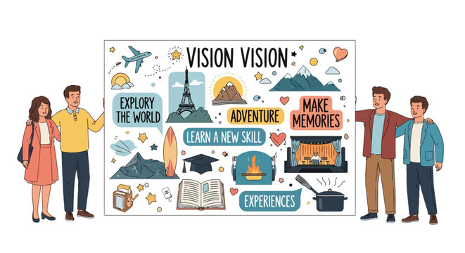 Two couples presenting a vision board with travel plans and life goals to the audience