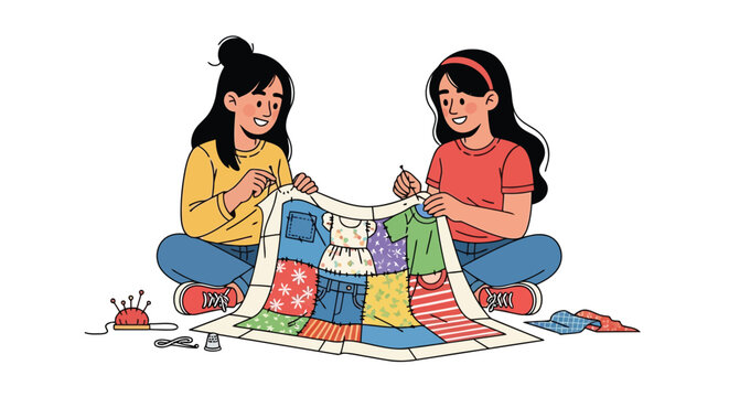 Two women sewing a colorful patchwork quilt together illustration