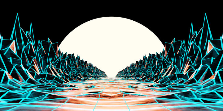 Abstract futuristic 3D render featuring a glowing neon wireframe landscape, digital grid surface and bright horizon. Cyberpunk and synthwave inspired technology representing artificial intelligence.