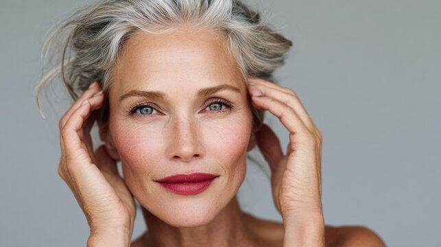 Mature woman with silver hair, red lipstick, and dramatic eyeliner poses confidently in a studio