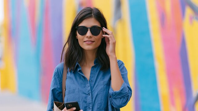 Young woman with sunglasses and smartphone