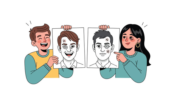 People comparing illustrated portraits showing emotional transformation and mood change