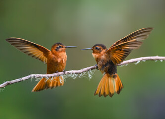 Fototapeta premium Pair of Shining Sunbeam Hummingbirds Interacting on Mossy Perch