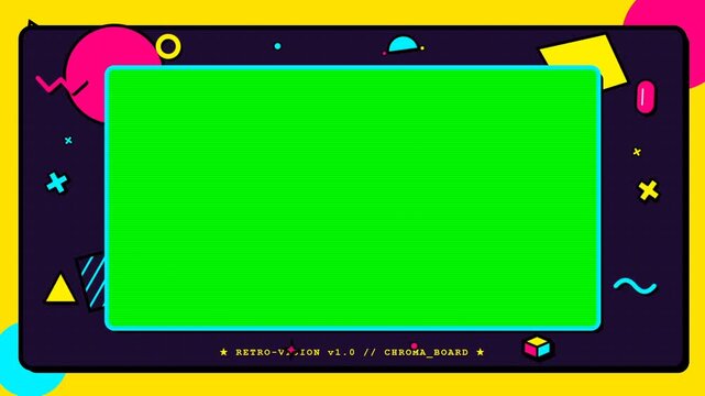 Retro Green Screen Overlay with Memphis Style Geometric Shapes