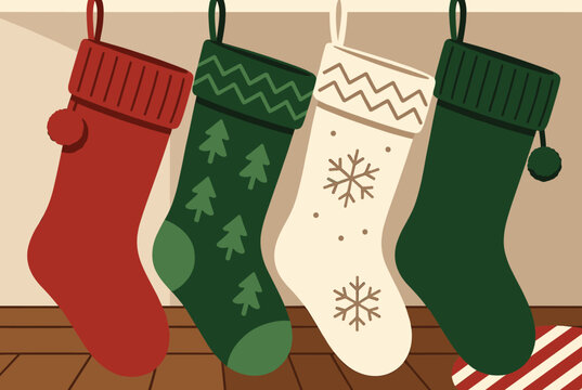 Set of four festive christmas stockings with pine tree and snowflake patterns hanging by a warm fireplace mantel.