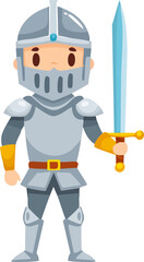 Obraz premium A cartoon illustration of a medieval knight in full armor, holding a sword and shield, ready for battle