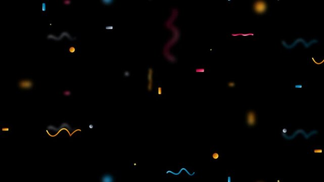 Colorful confetti and abstract shapes floating on black background, motion celebration
