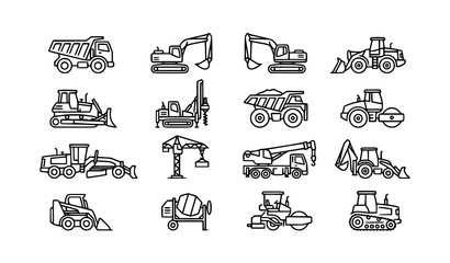 Heavy Duty Construction Equipment Outline Icon Set with Excavator Dump Truck Mining and Drilling Machinery © Yeasin