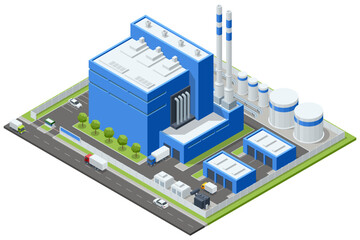 Isometric industrial plant complex with factory building, storage tank, road and truck in a fenced zone. Modern energy infrastructure illustration shows heavy industry, utility service and production