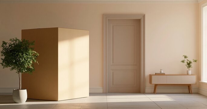 Minimalist room with large cardboard box