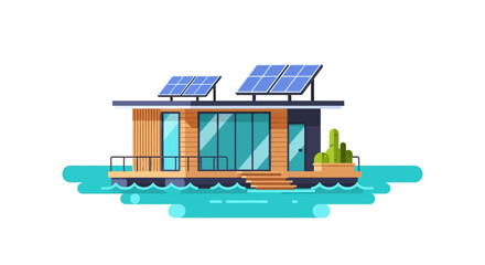 Obraz premium Modern Sustainable Floating House with Solar Panels and Eco-Friendly Design, Flat Vector Illustration Isolated on White Background
