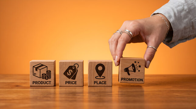 Marketing mix 4 Ps strategy with hand holding wooden block for product, price, place, promotion