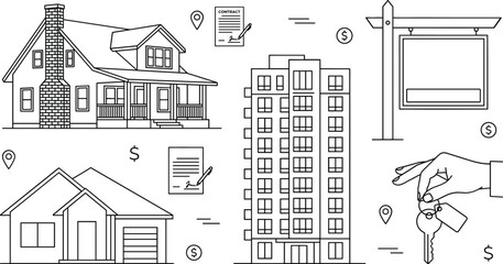 Real estate and housing icons set with house apartment building signpost contract hand holding keys line outline vector © MdShakib