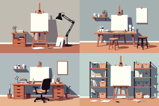 Set of four different cozy art studio interiors featuring wooden easels, canvas, work desks, and shelves with painting tools.