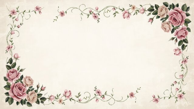 Vintage pink rose floral border on beige textured background