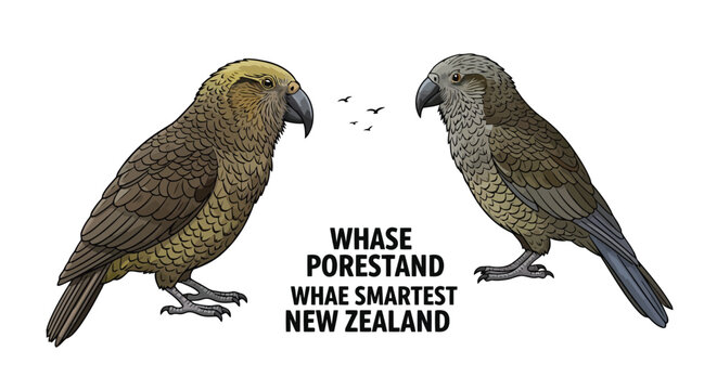 Two Kea parrots facing each other with educational text about New Zealand intelligent birds