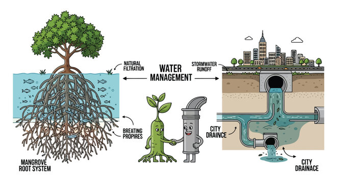 Diagram showing natural mangrove water filtration compared to urban runoff