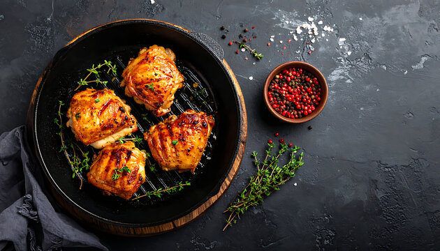 Grilled chicken thighs in a cast iron skillet with herbs, spices, dinner menu, roasted meat, gourmet food, rustic kitchen