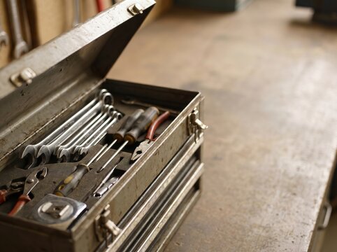Hand tools inside a vintage metal toolbox