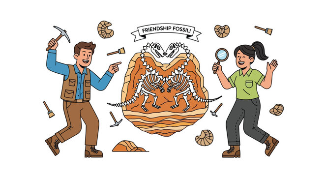 Male and female paleontologists discovering a friendship fossil in a desert dig site illustration