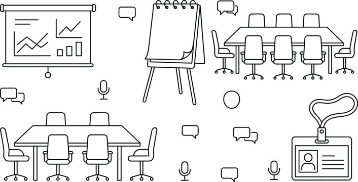 Business meeting and conference room office icons set with presentation screen flipchart table chairs microphones badge doodle vector