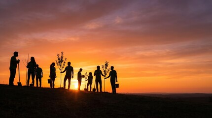 Fototapeta premium Team planting trees, silhouette at sunset