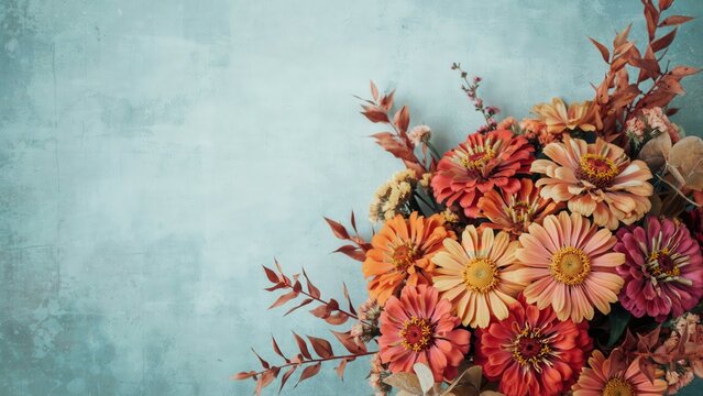 Autumn bouquet of zinnia flower and dried leaf on textured blue wall background
