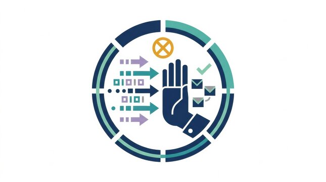 A graphic shows a hand blocking data movement with various symbols representing privacy rules and compliance. The focus is on data protection.