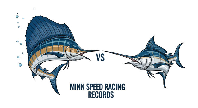 Sailfish and marlin competing for speed records in ocean vector illustration for marine sports