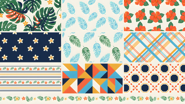 Colorful tropical patchwork pattern tiles with geometric shapes and hibiscus flowers