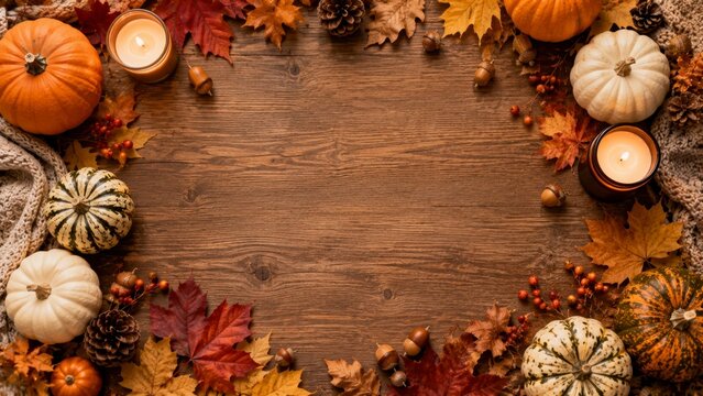 Autumn flat lay background with pumpkins maple leaves and candles on a rustic dark wooden tabletop