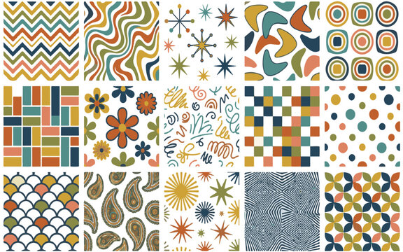 Colorful 1960s and 1970s style abstract patterns background. Geometric atomic starbursts, boomerangs, paisley, and polka dot textures collection.