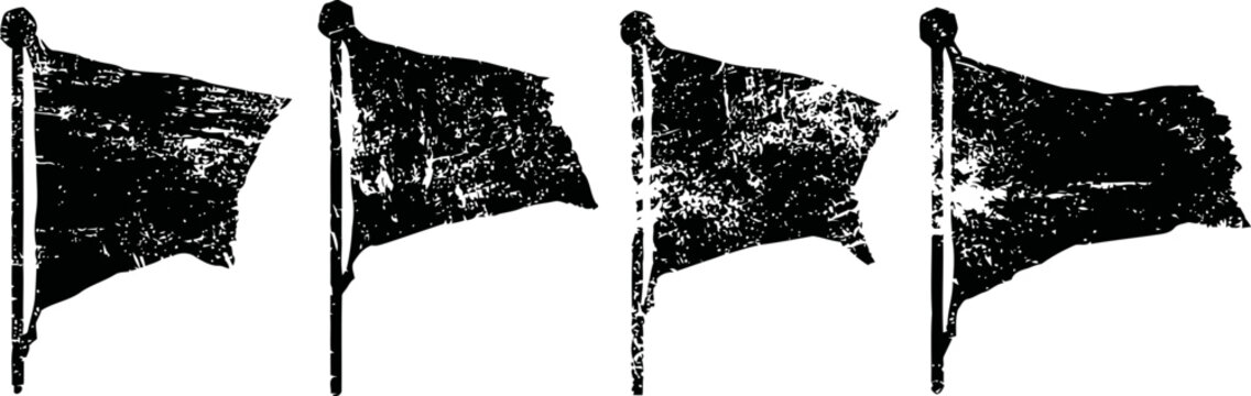 four distressed black flags waving side by side on white background with grunge texture
