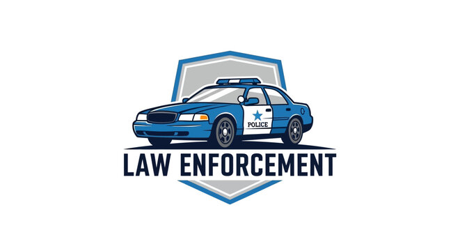 Bold graphic illustration of a police patrol car inside a shield emblem, representing law enforcement, public safety, and civic protection services. Ideal for security branding