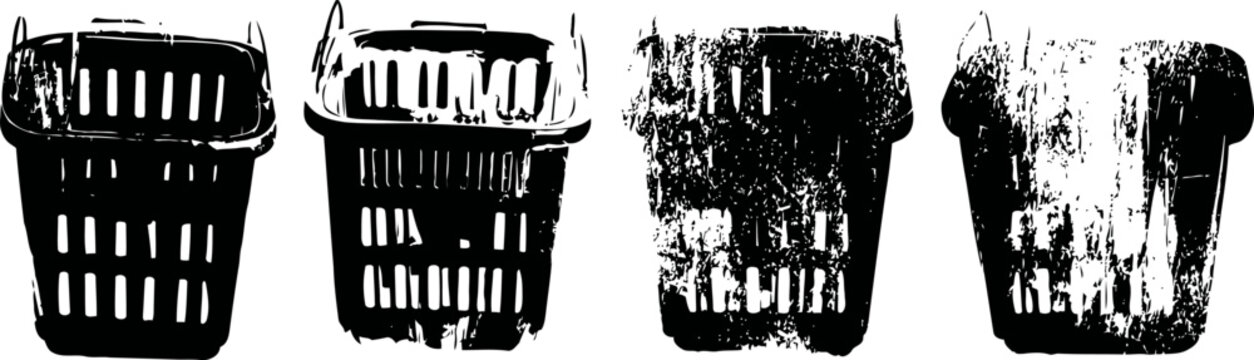 Four black and white grunge trash bin silhouettes in different styles and textures