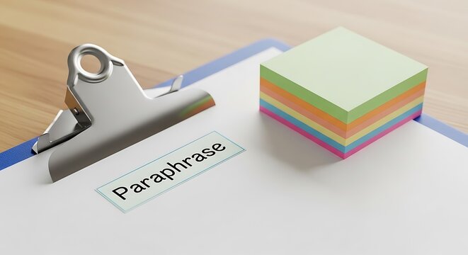 Clipboard with "Paraphrase" label and stack of colorful sticky notes on a wooden surface