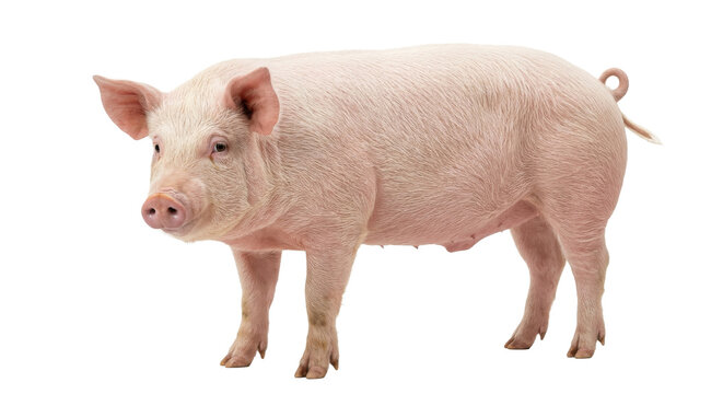 Realistic depiction of a pink domestic pig standing on white background