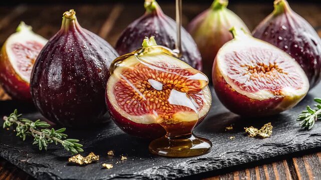 Fresh ripe fig halved with syrup drizzle close up macro detail food photography