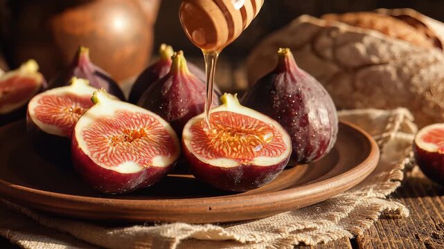 Fresh ripe figs and bread with honey drizzle rustic still life nature food organic healthy ingredient