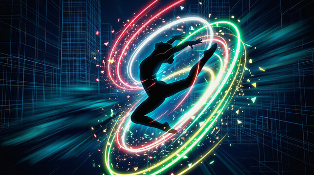 Silhouette of a skateboarder performing an aerial trick inside glowing neon rings against a dark digital grid background with motion blur effects.