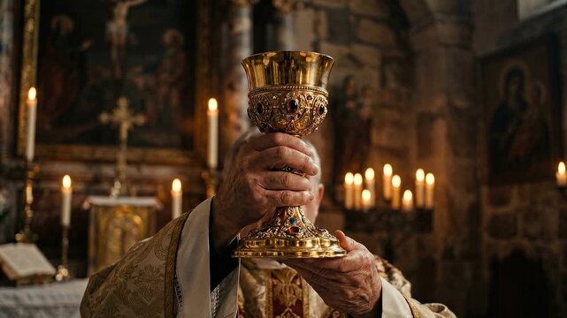 Priest raising golden chalice during Holy Communion
