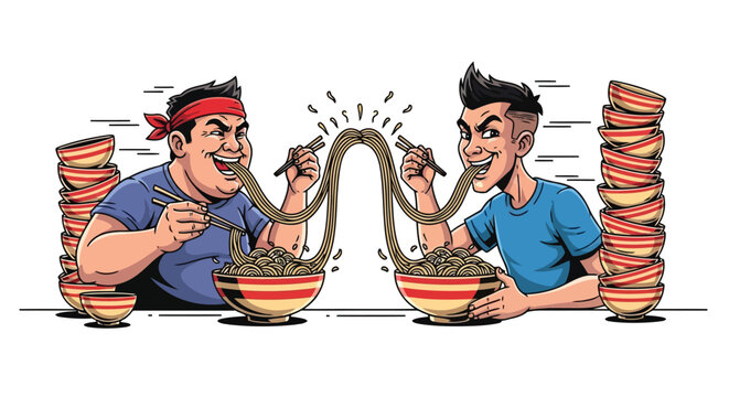 Two hungry friends eating long noodles with chopsticks in a speed eating noodle challenge