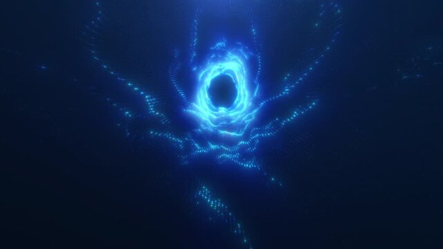 Radiant cyan particle vortex expands through a deep blue field, forming a seamless loop for innovation promos, AI data flow, science, and digital research.
