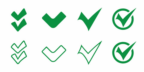 Green checkmark icons in various flat vector styles on a white background © BelaRani