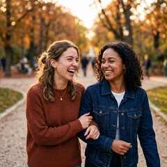 Fototapeta premium Two Happy Young Women Laughing and Walking Together in a Beautiful Autumn Park During Fall Season