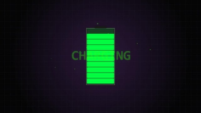 Retro 8-bit pixel art animation of a green battery icon charging on a dark gridded digital screen background