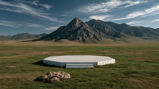A mini stone fight stage circle shape , is in the middle of green landscape , mountain is background , action mood.